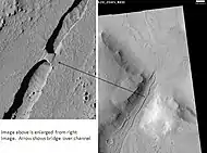 Tartarus Colles channel, as seen by HiRISE.  Scale bar is 500 meters.  Click on image to see bridge across channel.