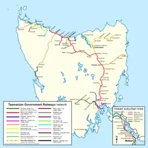 Map of the Tasmanian Government Railways, showing all lines operated between 1890 and 1978.