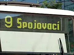 Destination and line number signs on public transport vehicles (tram in Prague, Czech Republic)