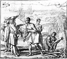 Illustration of European traders in coats, hats and wigs negotiating with African traders, with ships anchored in the background