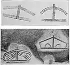 'Tectiforms'—schematic drawings in lines and dots believed to represent huts and larger shelters built of logs and covered with hides. After Breuil.