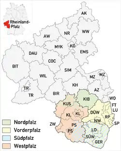 Map of the modern State of Rhineland-Palatinate with the Palatinate region highlighted and further subdivided into its sub-regions:North Palatinate (green), Anterior Palatinate (yellow), South Palatinate (blue) and West Palatinate (red)