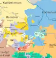 Anhalt Principalities in 1789: Anhalt-Bernburg (AB), Anhalt-Köthen (AK), Anhalt-Dessau (AD) and Anhalt-Zerbst (AZ); on the rightside of the map: the Electorate of Brandenburg (blue) und Electorate of Saxony (orange)