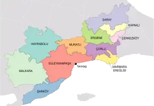 Map showing Çorlu District in Tekirdağ Province