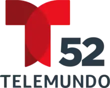 The Telemundo network logo, a T with two circular overlapping components. To the right and under the T, the number 52. Beneath it, in a sans serif, the word Telemundo.