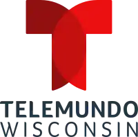 The Telemundo logo in red, which is rendered utilizing the sides of two circles rendered as a "T", appears. Below it, text on two separate lines reads "TELEMUNDO" and "WISCONSIN" in dark gray.