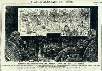 Image 41"Fiction becomes fact": Imaginary "Edison" combination videophone-television, conceptualized by George du Maurier and published in Punch magazine. The drawing also depicts then-contemporary speaking tubes, used by the parents in the foreground and their daughter on the viewing display (1878). (from History of videotelephony)