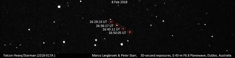 Mostly black photograph with small white dots of varying sizes making up a starfield, dated as 8 February 2018. Four white dots in a line are each circled in red and labelled with a timestamp at giving the position of the Tesla Roadster as it moves across the sky at four minute intervals.