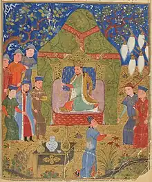 Genghis Khan proclaimed Khagan of all Mongols. White banners can be seen on the right. 15th-century ms. of Rashid al-Din's  "History of the World" (BNF Supplément persan 1113, fol. 44v)