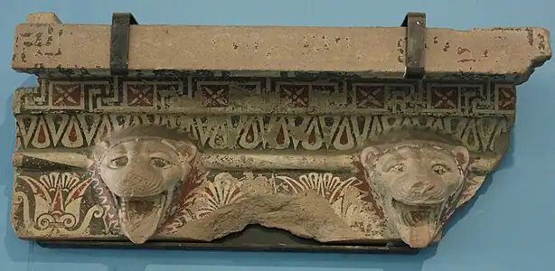 Greek fragment from the roofline of the Temple of Hera at Paestum, present-day Italy, c.520 BC, carved and painted terracotta, Museo Archeologico Nazionale, Paestum