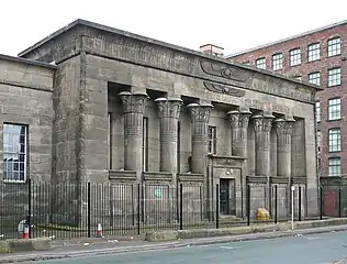 Temple Works flax mill offices, Holbeck, Leeds, designed by Joseph Bonomi in Egyptian Revival style, 1836–1840