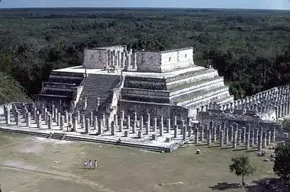 Temple of the Warriors in 1986 - note that the Temple of the Big Tables, immediately to the left, was unrestored at that time