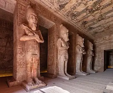 First Pillared Hall, with eight Osiride statues of Ramsses II, Temple of Ramsses II, Abu Simbel, Egypt, 13th century BC, height: c. 9 m