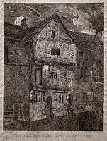 An etching of a three storey half-timbered house on Middle Water Lane, now Cumberland Street, York.