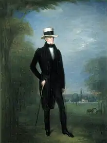 Painting of a man with a tall white hat, cane, black pants and coat, and a white shirt. He is standing on grass beside a tree.