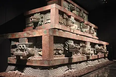 Facade of the Temple of the Feathered Serpent (detail reconstruction), Teotihuacan, Mexico, c.225