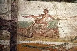 Cunnilingus. Wall painting. Suburban baths, Pompeii.