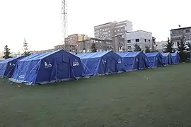 Emergency tents prepared for displaced people at the stadium in Durrës