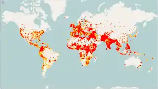 Terrorist incidents, 1970–2015. A total of 157,520 incidents are plotted. Orange: 1970–1999, Red: 2000–2015