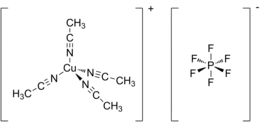 Structural formulas of the tetrakis(acetonitrile)copper(I) cation and the hexafluorophosphate anion