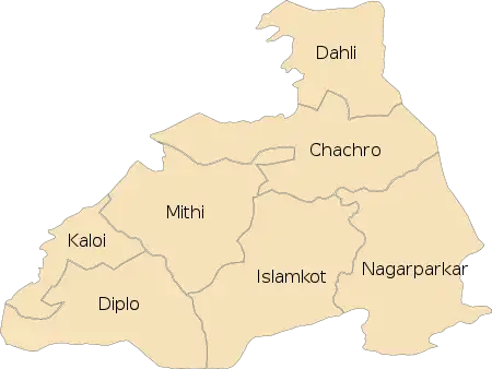 Map of Tharparkar District with its administrative divisions.