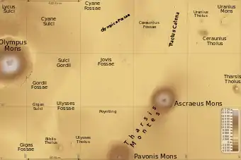 Map of Tharsis quadrangle with major features indicated.  Tharsis contains many volcanoes, including Olympus Mons, the tallest known volcano in the Solar System. Notice Ceraunius Tholus, although it looks small, it is about as high as Earth's Mount Everest.