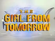 The show's title in giant reflective gold font over an image of the Time Capsule launch room in the year 3000.