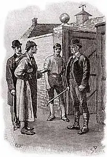 Black-and-white drawing of Sherlock Holmes and Doctor Watson confronting Silas Brown