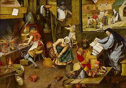 Copy of The Alchemist by Pieter Brueghel the Younger recreated in colour on panel