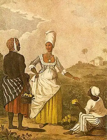 The Barbadoes Mulatto Girl, an engraving published at London in 1779, after a c. 1764 painting by Agostino Brunias. Barbados Museum & Historical Society, Bridgetown, Barbados.
