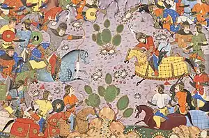 Shahnameh illustration of Bahram Chobin fighting Bagha Qaghan.