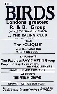 Poster for The Birds at The Ealing Club, 1965.