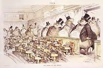 Image 4Reformers like the American Joseph Keppler depicted the Senate as controlled by the giant moneybags, who represented the nation's financial trusts and monopolies. (from Political corruption)