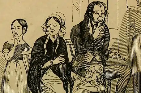 Detail from a reproduction which appeared in Timothy Shay Arthur's Temperance tales, or, six nights with the Washingtonians (1848). The copies are signed "Pilliner", and no credit was given to Cruikshank.