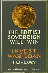 Poster depicting the gold sovereign with text urging support for the British cause in the First World War