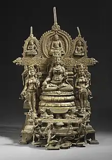 Shyama Tara (Green Tara) Attended by Sita Tara (White Tara) and Cintamani Tārā (Yellow Tara). c. 8th century.