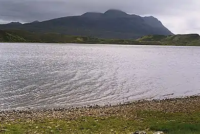 The Cam Loch Looking across the broad middle part of the loch, from where the Elphin to Lochinver path leaves the loch and heads inland. Cul Mor is beyond.