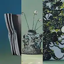 A collage of an unravelling scroll, a flower pot, and a distorted vase.
