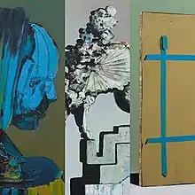 A collage of a blue bust of a woman, a ballerina on a staircase, and a blank canvas.