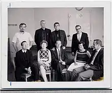(l-r standing) George Mische, Philip Berrigan, Daniel Berrigan, Tom Lewis. (l-r seated) David Darst, Mary Moylan, John Hogan, Marjorie Melville, Tom Melville