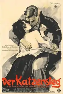 A black and white painted image of a woman and a man embracing