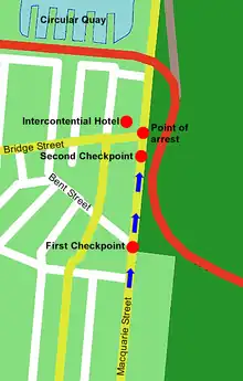 A map of Sydney showing the route taken by the motorcade. They travelled up Macquarie Street, through the first checkpoint at the Kent Street intersection, and a second checkpoint just before being stopped at the Bridge Street intersection and being detained outside the InterContinental Hotel.