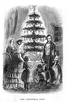 Copy of an 1848 engraving of the British royal family with their tree, modified and widely published in American magazine Godey's Lady's Book, 1850.