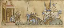 Miniatures from a book showing three separate episodes from the Israelites' battle with Sennacherib including him being killed by two spears