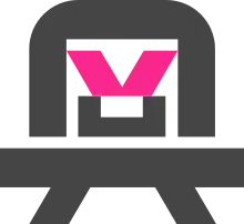 Angryman, a robot mascot with pink eyes