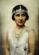 The Duchess of York (later Queen Elizabeth The Queen Mother) wearing the Lotus Flower Tiara in 1925.