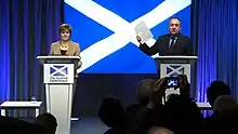 Nicola Sturgeon and Alex Salmond speaking at the Edinburgh Agreement press conference