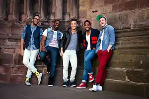 The Exchange during a 2014 photo shoot in Freiburg, Germany. From left to right: Christopher Diaz, Alfredo Austin, Richard Steighner, Jamal Moore, and Aaron Sperber.