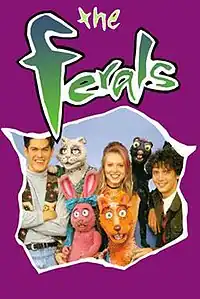 The show's blended light and dark green logo on top of a dark purple background, a hole made through it showing a smiling The Ferals cast.