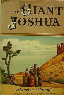 A man and three women in pioneer clothing walk in the desert on the cover of The Giant Joshua